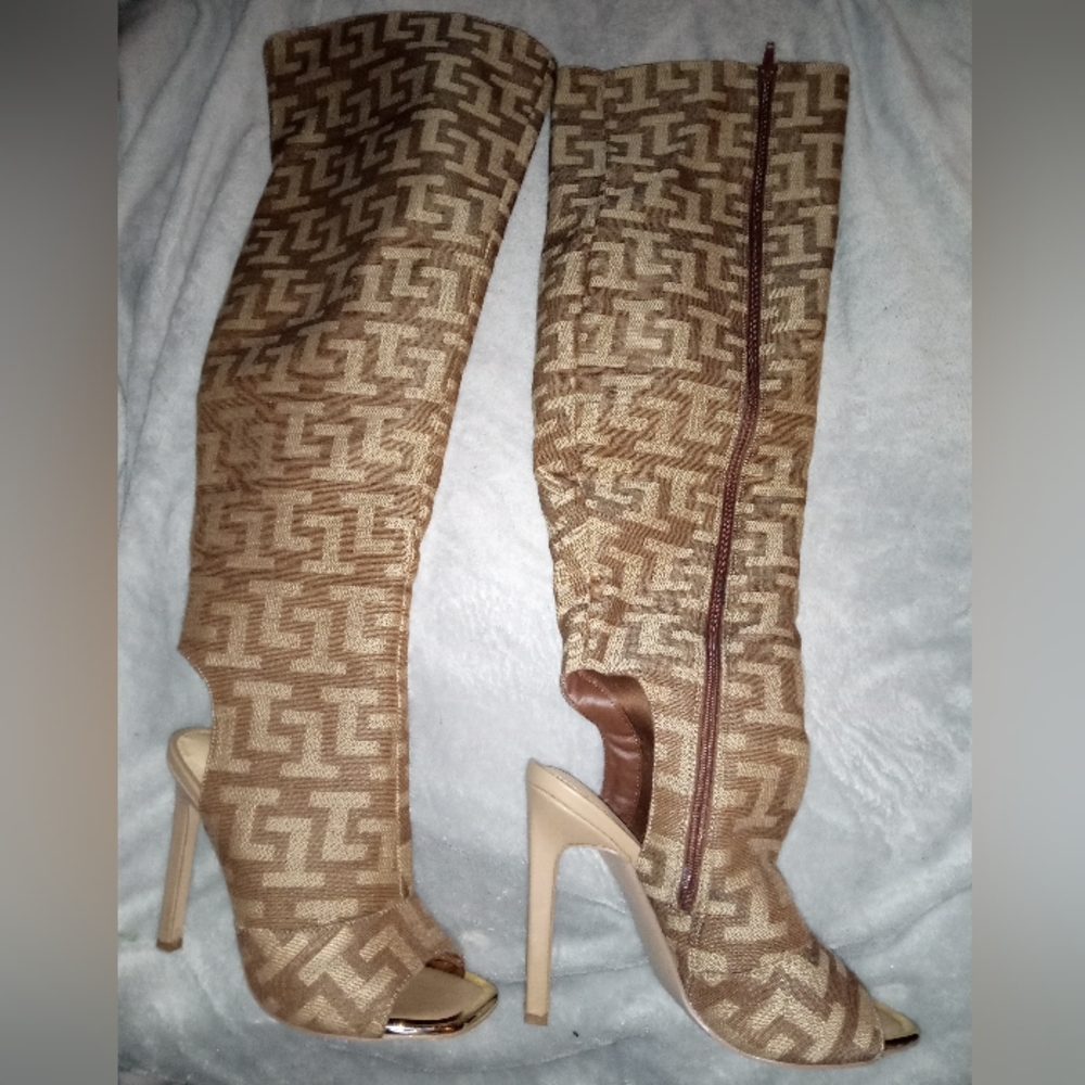Thigh high peep toe heel boots